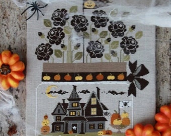 Counted Cross Stitch Pattern, Halloween in a Jar, Black Roses, Pumpkin Motifs, Spider, Haunted House, Ghost, Madame Chantilly, PATTERN ONLY