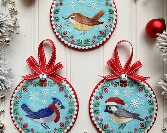 Counted Cross Stitch Pattern, Christmas Bird Trio, Christmas Decor, Blue Jay, Christmas Ornament, Holiday, Luminous Fiber Arts, PATTERN ONLY