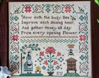 Counted Cross Stitch Pattern, Busy Bee, Sampler, Honeybees, Flower Motifs, Spring Decor, Country Rustic, Lila's Studio, PATTERN ONLY