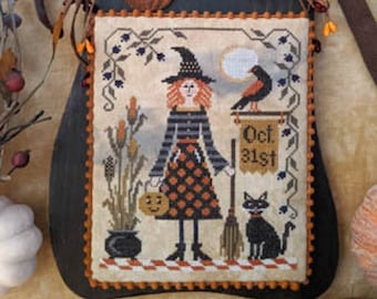 Counted Cross Stitch, All Hallows' Eve, Witch, Black Cat, Crow, Oct 31st, Halloween Decor, Moon, Cornstalks, Lila's Studio,  PATTERN ONLY