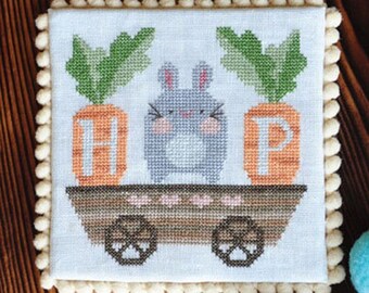 Counted Cross Stitch Pattern, Hop Into Spring, Springtime Series, Wagon, Bunny, Carrots, Hearts, Cottage Garden Samplings , PATTERN ONLY