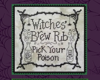 Counted Cross Stitch Pattern, Witches Brew Pub, Halloween Decor, Spiders, Poison, Witches, Skeleton, Waxing Moon Designs, PATTERN ONLY