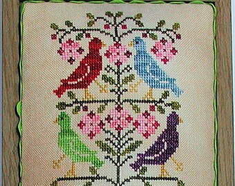 Counted Cross Stitch Pattern, Morning Tweet, Colorful Birds, Flowering Tree, Early Morning, Spring, Praiseworthy Stitches, PATTERN ONLY