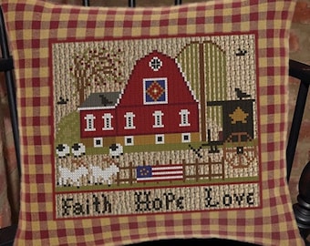 Counted Cross Stitch Pattern, Faith Hope Love, A Patriotic Summer Series, Sheep, Barn, Country Rustic, Twin Peak Primitives, PATTERN ONLY