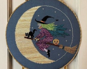 Counted Cross Stitch Pattern, Broom to the Moon, Night Time, Black Cat, Witch, Country Chic, Moon, Stars, The Needle's Notion, PATTERN ONLY