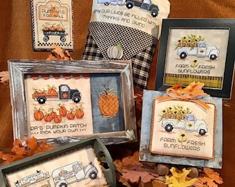 Counted Cross Stitch Pattern, Home for the Harvest, Fall Decor, Ornaments, Pick Up, Pumpkins, Sunflowers, Sue Hillis Designs, PATTERN ONLY