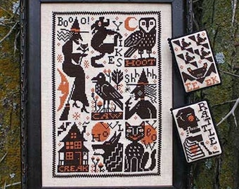 Counted Cross Stitch Pattern, Bump In The Night, Cats, Halloween Sampler, Ornaments, Bats, Witches, Cat, The Prairie Schooler, PATTERN ONLY