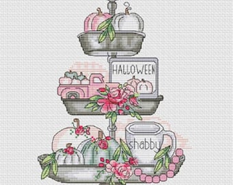 Counted Cross Stitch Pattern, Shabby Halloween, Cottage Chic, Pink Pick Up Truck, Tiered Tray, Les Petites Croix de Lucie, PATTERN ONLY