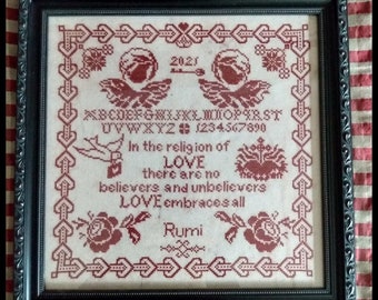 Counted Cross Stitch Pattern, Wisdom of Love, Valentine Decor, Country Rustic, Sampler, Dove, Religious, Twin Peak Primitives, PATTERN ONLY