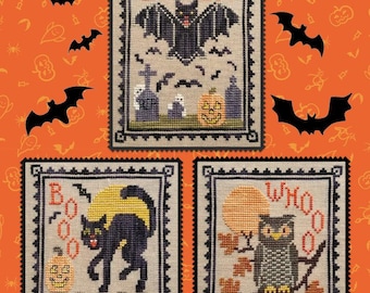 Counted Cross Stitch Pattern, Halloween Critter Trio, Halloween Decor, Black Cat, Bat, Owl, Ghosts, Waxing Moon Designs, PATTERN ONLY