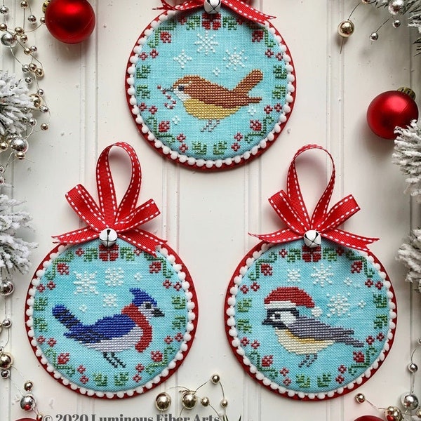 Counted Cross Stitch Pattern, Christmas Bird Trio, Christmas Decor, Blue Jay, Christmas Ornament, Holiday, Luminous Fiber Arts, PATTERN ONLY