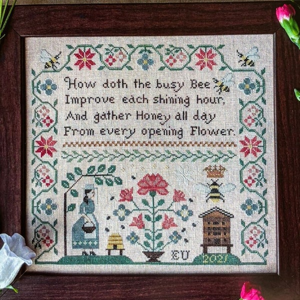 Counted Cross Stitch Pattern, Busy Bee, Sampler, Honeybees, Flower Motifs, Spring Decor, Country Rustic, Lila's Studio, PATTERN ONLY