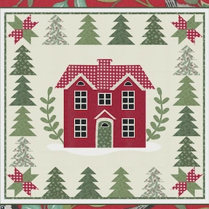 May include: A Christmas-themed design featuring a red house with a checkered roof, surrounded by green trees and stars. The text "Christmas Wishes" and "by Coach House Designs" are displayed. The background is red with birds and foliage.