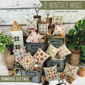 Counted Cross Stitch Pattern, 12 Monthly Minis, Pillow Ornaments, Bowl Fillers, Holidays, Primrose Cottage Stitches, PATTERN ONLY