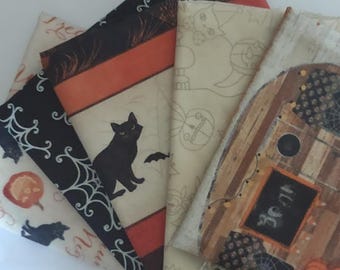 Trick or Treat Camp, Fat Quarter Frenzy, Halloween Fat Quarters, Glow Fabrics, Black Cats, Pumpkins, Fat Quarter Prepackaged Assortments
