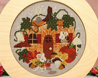 Counted Cross Stitch Pattern, Cozy Little Cottage, Pillow Ornament, Bowl Filler, Pumpkin, Counting Puddles, PATTERN ONLY