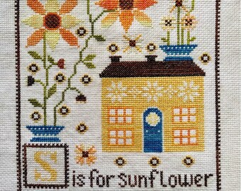 Counted Cross Stitch Pattern, S is for Sunflower, Autumn Decor, Saltbox House, Flowers, Yasmin's Made with Love, PATTERN ONLY
