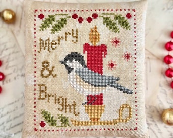 Counted Cross Stitch Pattern, Merry & Bright, Sparrow, Holly, Candle, Christmas Ornament, Luminous Fiber Arts, PATTERN ONLY