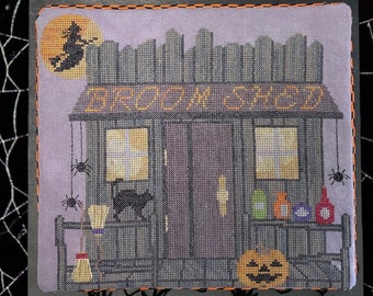 Counted Cross Stitch, Broom Shed, Halloween Decor, Bowl Filler, Pillow Ornament, Spiders, Witch, Cat, Barefoot Needleart, PATTERN
