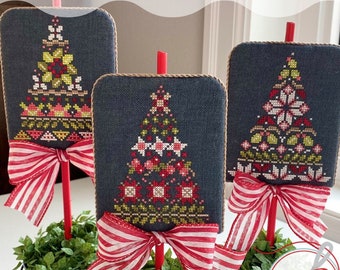 Counted Cross Stitch Pattern, The Tree Lot, Christmas Decor, Poinsettias, Stars, Pillow Ornaments, Hands On Design, PATTERN ONLY