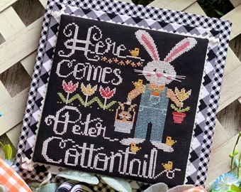 Counted Cross Stitch Pattern, Here Comes Peter Cottontail, Easter Bunny, Tulips, Stitching with the Housewives, PATTERN ONLY