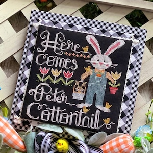 Counted Cross Stitch Pattern, Here Comes Peter Cottontail, Easter Bunny, Tulips, Stitching with the Housewives, PATTERN ONLY