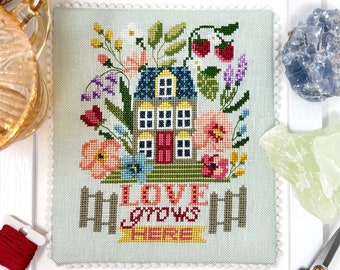 Counted Cross Stitch Pattern, Love Grows Here, Summer Decor, Tuck Pillow, Flower Motifs, Strawberries, Tiny Modernist, PATTERN ONLY