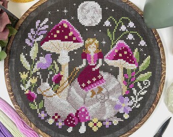 Counted Cross Stitch Pattern, The Snail Rider, Summer Decor, Mushrooms, Snail, Moon, Garden Decor, Nature,  Tiny Modernist, PATTERN ONLY