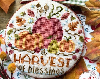 Cross Stitch Pattern, A Harvest of Blessings, Autumn Decor, Pumpkin Motifs, Pillow Ornament, Bowl Filler, Hands On Design, PATTERN ONLY