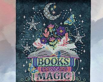 Counted Cross Stitch Pattern, Books Are Magic, Pillow, Mystical Design, Banner, Heart Bag, Books, Counting Puddles, PATTERN ONLY