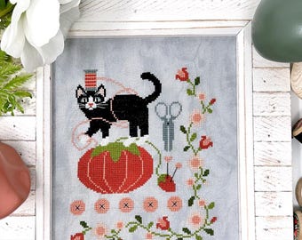 Counted Cross Stitch Pattern, My Cat Helper, Sewing Room Decor, Tuck Pillow, Flower Motifs, Spool, Pincushion, Tiny Modernist, PATTERN ONLY