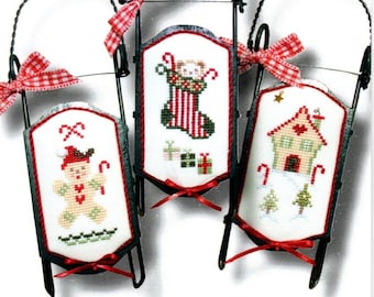 Counted Cross Stitch Pattern, Little Green Sleds, Christmas Ornaments, Gingerbread Boy, House, Judy Whitman, JBW Designs, PATTERN Only