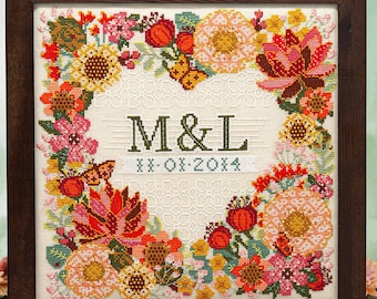 Counted Cross Stitch, Modern Botanical Wedding Sampler, Floral Motifs, Heart, Personalize Sampler, Counting Puddles, PATTERN ONLY