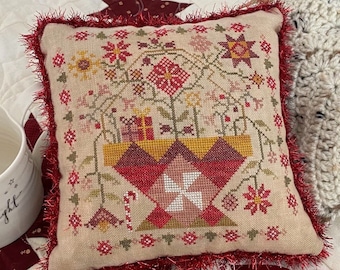 Counted Cross Stitch Pattern, Betsy's Christmas Basket, Pinkeep, Pillow Ornament, Flowers, Pansy Patch Quilts and Stitchery, PATTERN ONLY