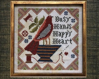 Counted Cross Stitch Pattern, Busy Hands, Happy Heart, Sampler, French Sentiments, Folk Art, Inspirational, Kathy Barrick, PATTERN ONLY