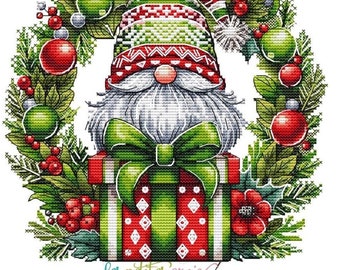 Counted Cross Stitch Pattern, Christmas Gnome Wreath, Christmas Decor, Christmas Ornaments, Les Petites Croix de Lucie, PATTERN ONLY