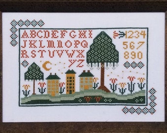 Counted Cross Stitch, Night Time in Old Town, Sampler, Summer Decor, Vintage Reproduction, Pastoral Scene, Liz Mathews, PATTERN ONLY