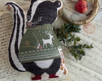 PRE-Order, Counted Cross Stitch Pattern, Sugar, Animal Cracker Series, Pin Keep, Skunk, Pillow Ornament, Stacy Nash, PATTERN ONLY