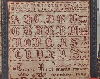 Counted Cross Stitch Pattern, Teresa Real 1898, Alphabet Sampler, Reproduction Sampler, Crown Motifs, Quaint Rose Needlearts, PATTERN ONLY