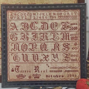 Counted Cross Stitch Pattern, Teresa Real 1898, Alphabet Sampler, Reproduction Sampler, Crown Motifs, Quaint Rose Needlearts, PATTERN ONLY