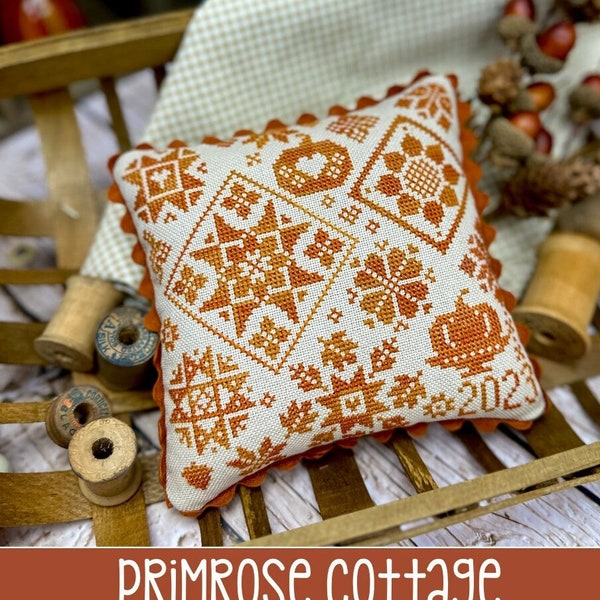 Counted Cross Stitch, Autumn Quaker, Fall Decor, Pumpkins, Quilt Stars, Monochromatic, Lindsey Weight, Primrose Cottage Stitches