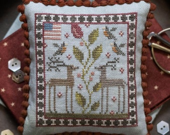 Counted Cross Stitch Pattern, Summer Glory, Pillow Ornament, Bowl Filler, Deer, Robins, Plum Street Samplers, PATTERN ONLY