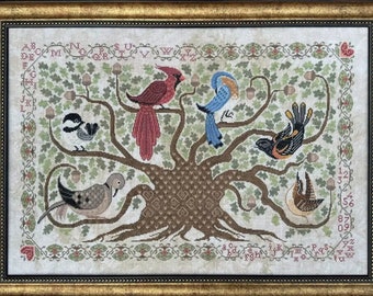 Counted Cross Stitch Pattern, A Symphony of Friendship Sampler, Cardinal, Dove, Oriole, Acorn Tree, Cottage Garden Samplings, PATTERN ONLY