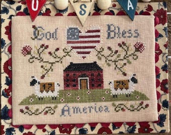 PRE-Order, Counted Cross Stitch Pattern, Americana Sheep, Patriotic Decor, Heart Flag, Floral Motifs, Annie Beez, PATTERN ONLY
