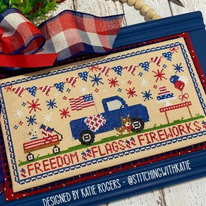 Counted Cross Stitch Pattern, Patriotic Picnic, Patriotic Decor, Independence Day, Vintage Pick Up, Stitching With Katie, PATTERN ONLY