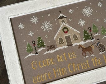 Counted Cross Stitch Pattern, Christmas Village Church, Snowy Night, Horse Drawn Carriage, Trees, Crafty Bluebonnet, PATTERN ONLY
