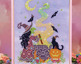 Counted Cross Stitch Pattern, Brew Crew, Halloween Decor, Witch, Cauldron, Black Cat, Bats, Moon, Counting Puddles, PATTERN ONLY