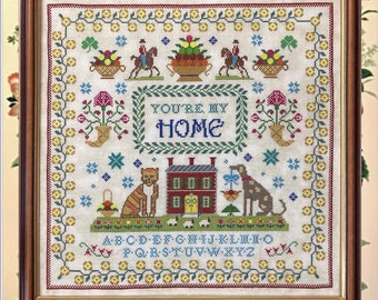 Counted Cross Stitch Pattern, You're My Home, Sampler, Home Decor, Cat, Dog, Flowers, Monticello Stitches, PATTERN ONLY