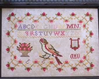 Counted Cross Stitch Pattern, E.E.'s Little Sampler, Country Rustic, Bird, Alphabet Sampler, Harp, Crown, Little Robin Designs, PATTERN ONLY