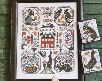 Counted Cross Stitch, Rabbit Run, Cross Stitch Patterns, Rabbits, Rooster, Chicken, Duck, Saltbox House, The Prairie Schooler,  PATTERN ONLY